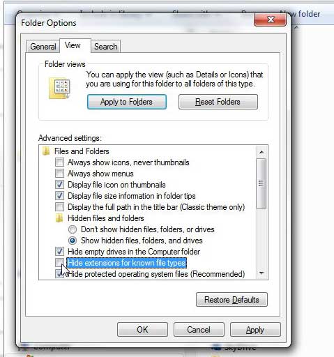 show file extensions in windows 7