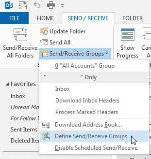 click the define send receive groups option