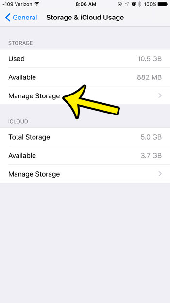 tap the manage storage button