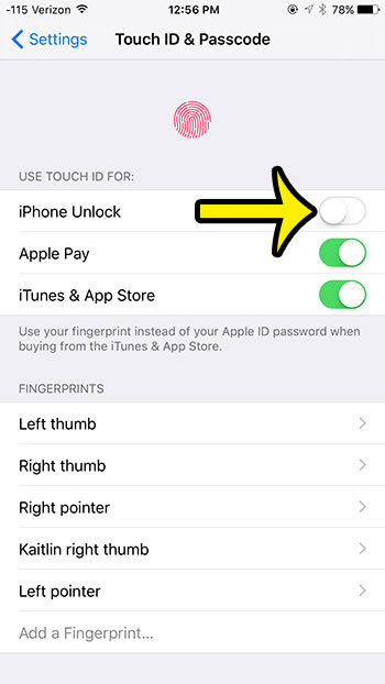 turn off the touch id on an iphone 6