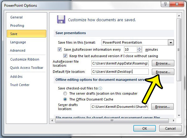 how to change the default save location in powerpoint 2010
