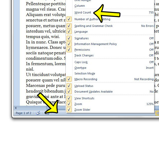 show the word count button in word 2010