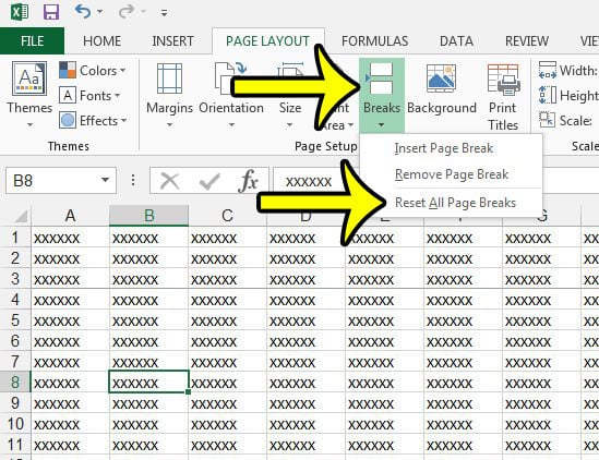 как убрать все разрывы страниц в excel 2013