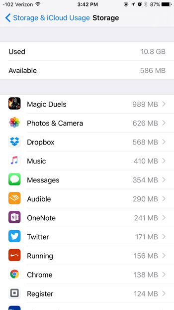 storage space used by each app