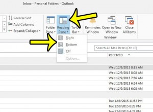 show the reading pane in outlook 2013
