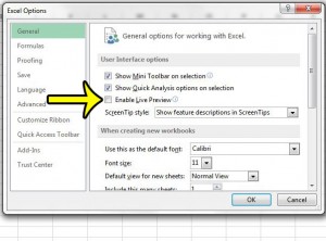 how to disable live preview in excel 2013