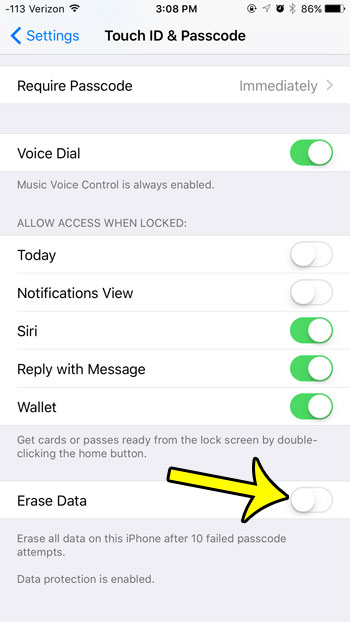 enable iphone erase after 10 failed passcode attempts