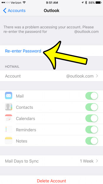 how do i change outlook password on iphone