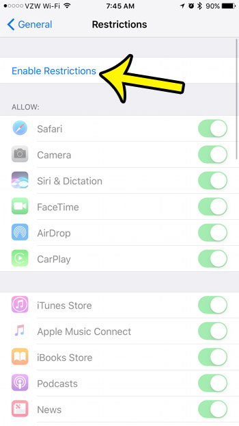 enable restrictions on an iphone