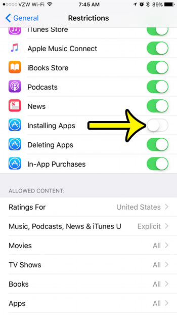 how to disable an iphone from installing new apps