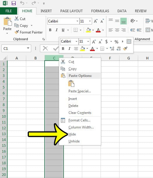 how do i hide columns in excel 2016