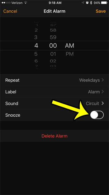 how to turn off the snooze option for an alarm on an iphone 7