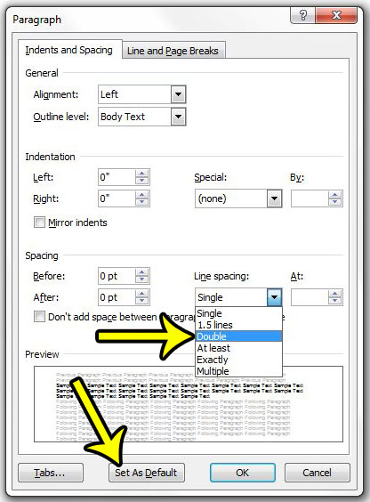 how to double space in word 2010 by default