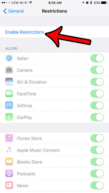 how to enable restrictions on an iphone 7