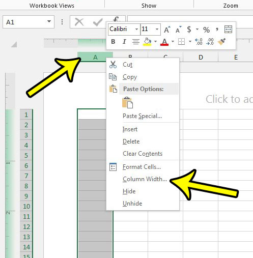 how to use inches as ther unit for column width in excel 2013