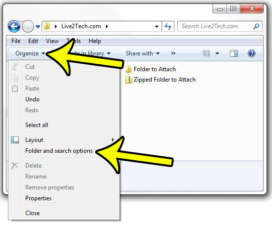 open the folder and search options menu in windows 7