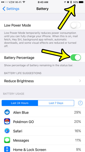 how to put battery percentage on iphone 7