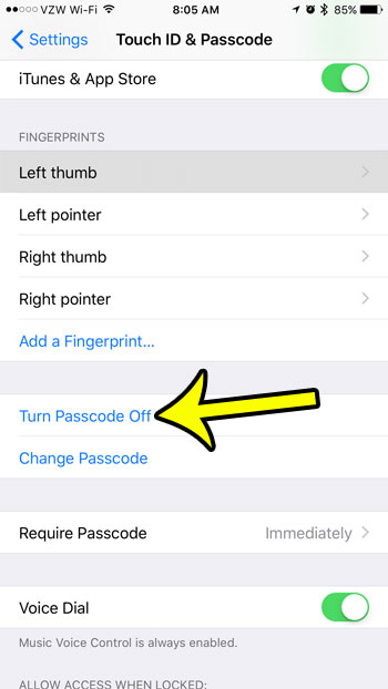 tap the turn passcode off button on iphone