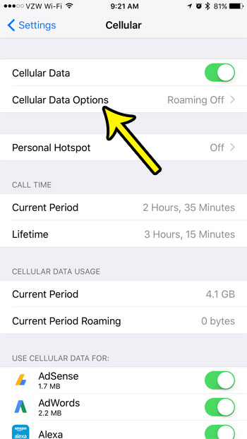 open the cellular data options menu