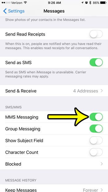 how to enable the mms messaging feature on the iphone 7