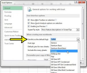 how to change the default font in excel 2013