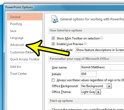 click the advanced tab in powerpoint 2013