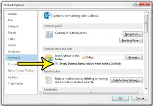 how to empty deleted items folder on exit in outlook 2013