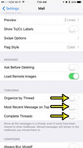 how to turn off email threading on iphone 7