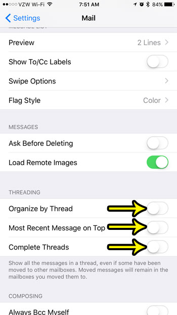 how to turn off email threading on iphone 7