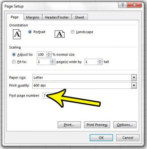 how to change the first page number in excel 2013