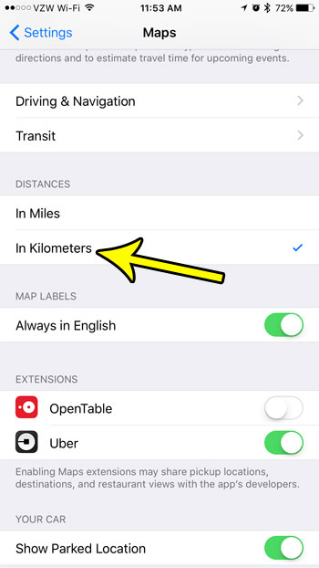how to switch from miles to kilometers in apple maps on iphone 7