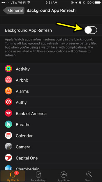 how to turn off background app refresh on the apple watch