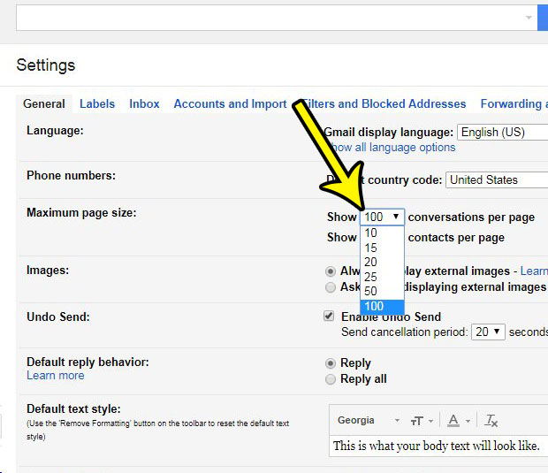 how to change number of conversations page gmail