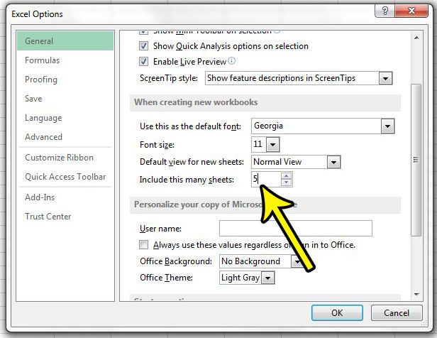 how to change default number of sheets in excel 2013