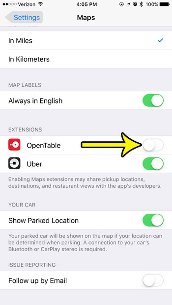 how to turn off Apple maps extensions on iphone 7