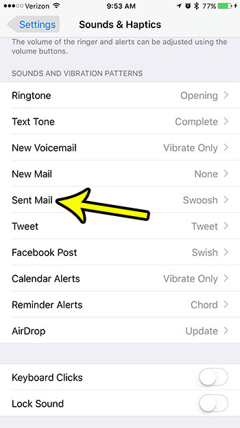 how to turn off the sound for a sent email on the iphone