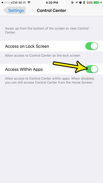 how to access control center within apps iphone 7
