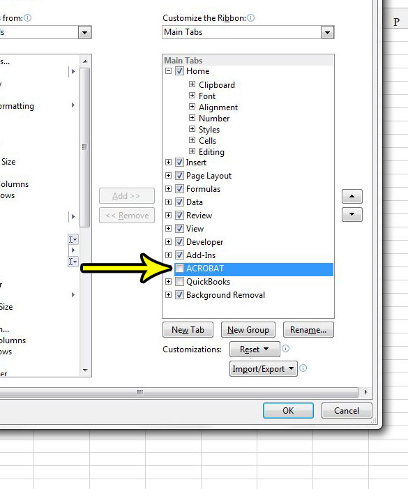 how to hide a ribbon tab in excel 2013