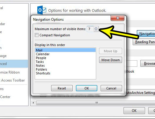 how to increase navigation options in outlook 2013