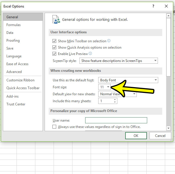 changing defaullt font in excel for mac