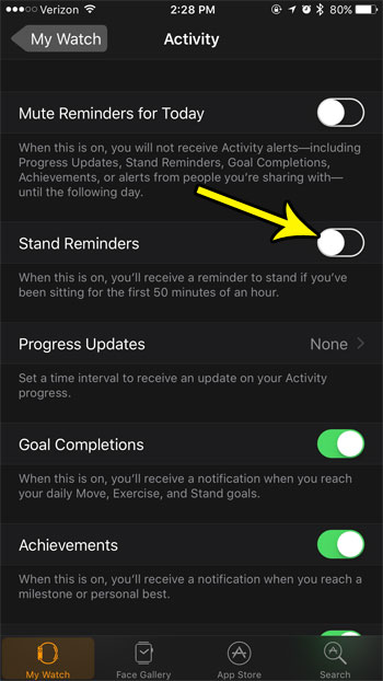 how to turn off stand reminders on apple watch