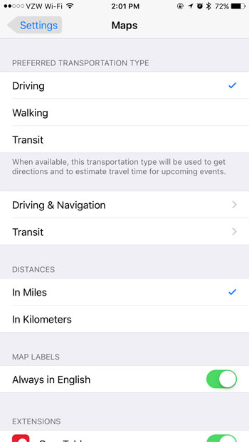 how to change preferred transportation type maps iphone