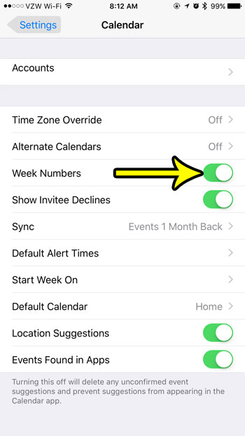 how to turn on week numbers iphone calendar
