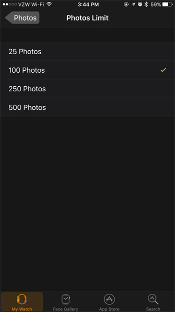 how to change the maximum number of stored pictures on apple watch
