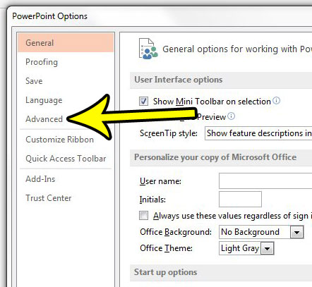 click the advanced tab in the powerpoint options window