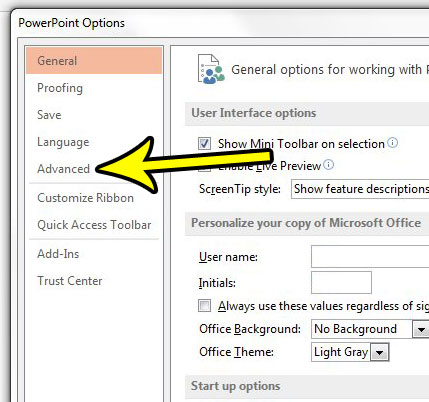 click the advanced tab in powerpoint options