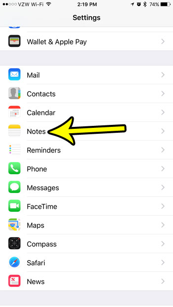 choose the Notes settings menu