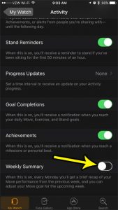 how to turn off weekly activity summary on apple watch