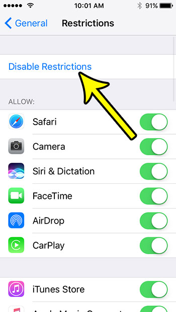how to disable restrictions on the iphone se