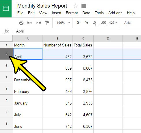 click on the row number in google sheets
